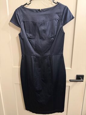 Adrianna Papell Navy Cap-Sleeve Midi Sheath Dress